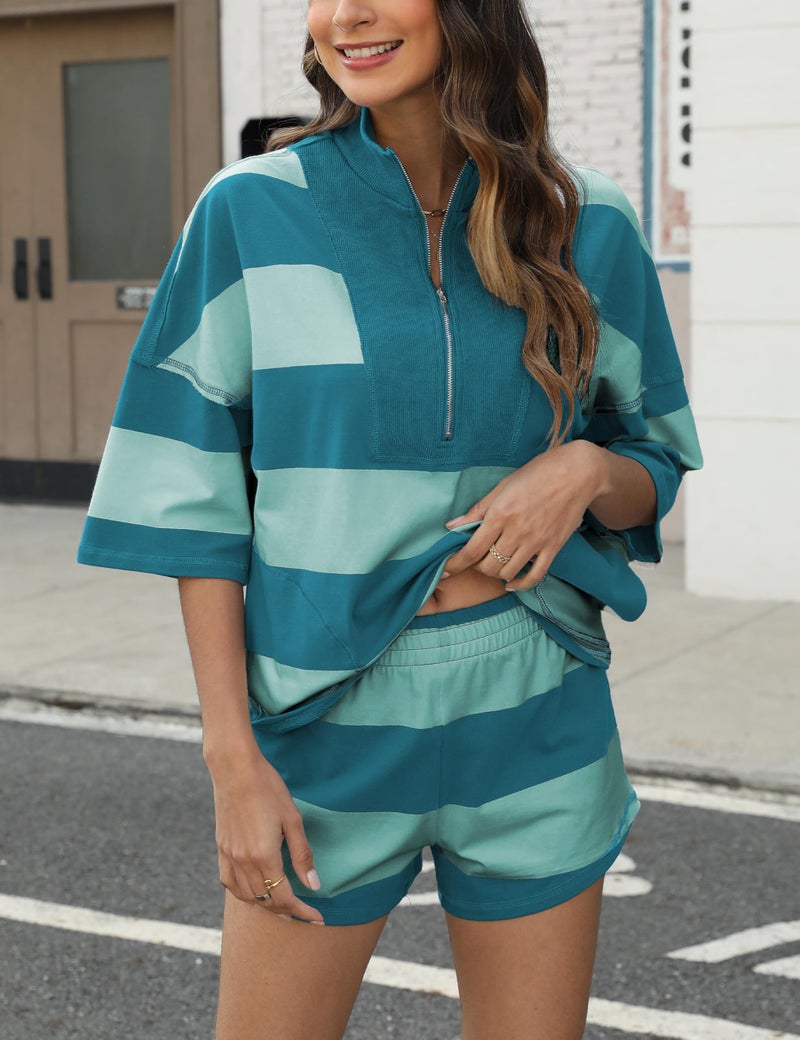 IQSQSQ Womens Cotton Half Zip Retro Set Elastic Waist Short Striped Stylish Comfortable Versatile Activewear Outfit(Green-XL) - Image 4