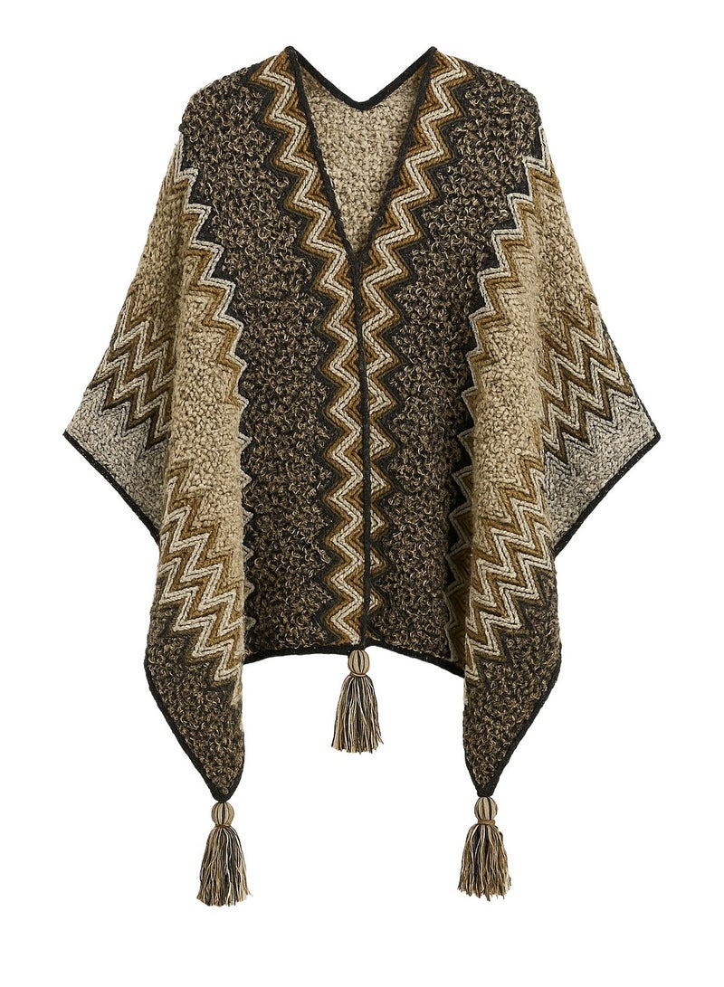 Fabienne Women’s Poncho Shawl Boho Zigzag Knit Wrap Open Front Warming Cardigan Sweater with Tassels Beige - Image 1