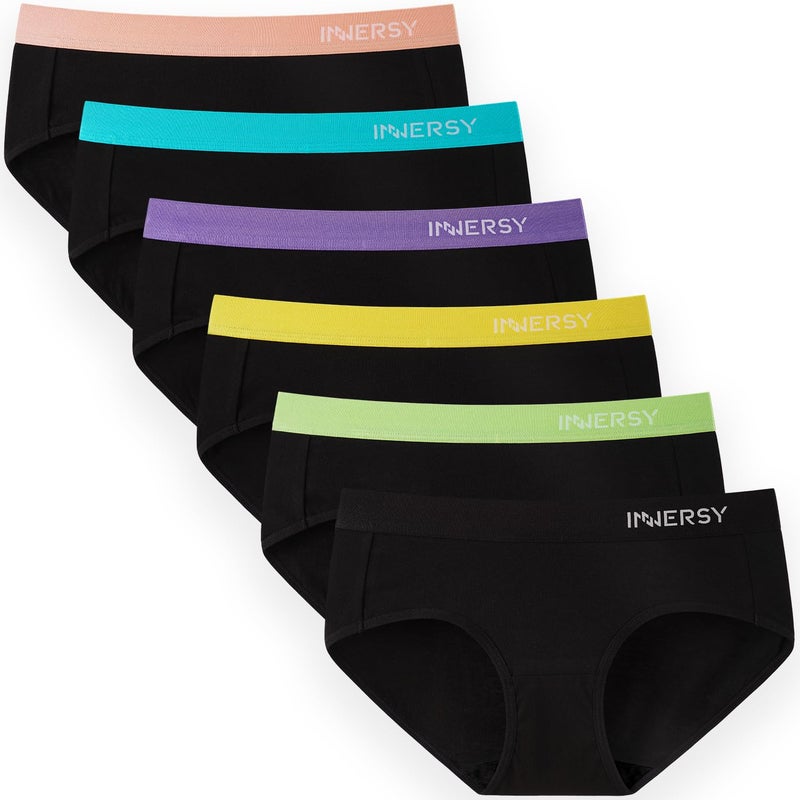 INNERSY Womens Underwear Cotton Hipster Panties Mid Rise Briefs Wide Waistband Pack of 6 (Large, 6 Blacks with Color Waistband) - Image 1