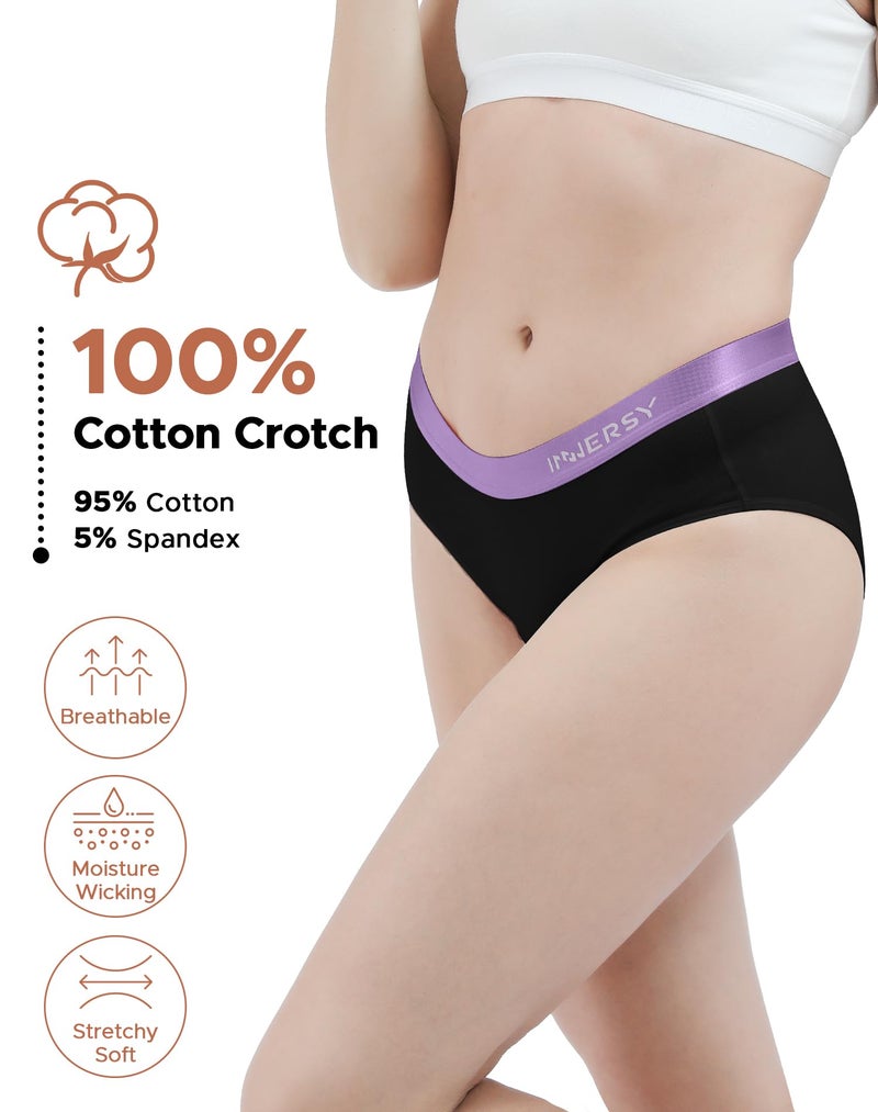 INNERSY Womens Underwear Cotton Hipster Panties Mid Rise Briefs Wide Waistband Pack of 6 (Large, 6 Blacks with Color Waistband) - Image 2