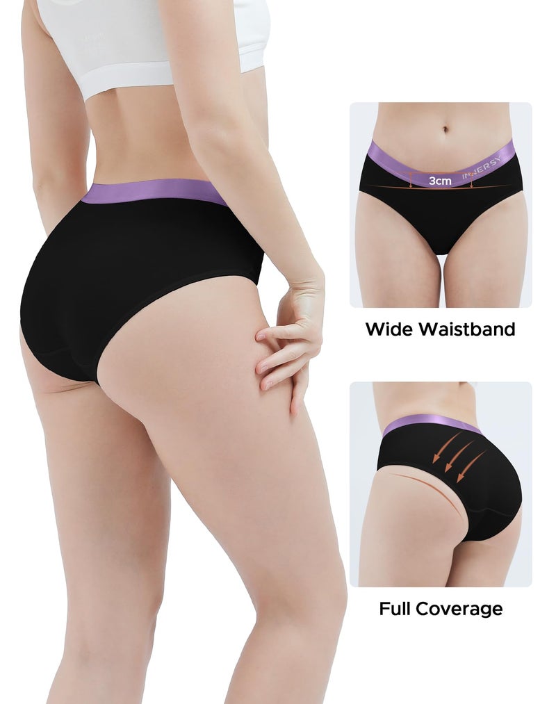 INNERSY Womens Underwear Cotton Hipster Panties Mid Rise Briefs Wide Waistband Pack of 6 (Large, 6 Blacks with Color Waistband) - Image 3