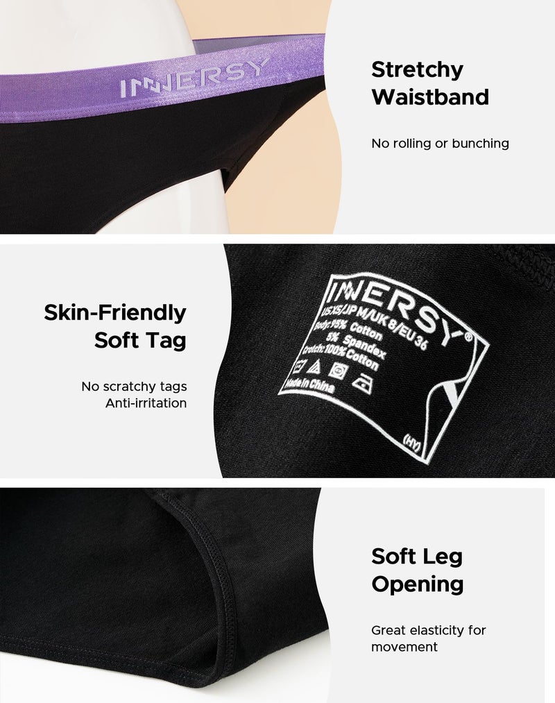 INNERSY Womens Underwear Cotton Hipster Panties Mid Rise Briefs Wide Waistband Pack of 6 (Large, 6 Blacks with Color Waistband) - Image 4