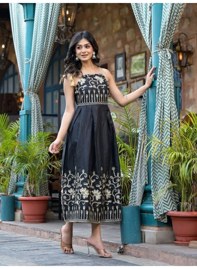 AKS Black Gota Embroidered Midi Dress