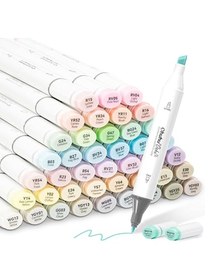 أوهوهو اقلام الوان الباستيل مكونة من 48 لون من اقلام ماركر كحولية، مجموعة ذات اطراف مزدوجة، وبسن ازميل رائع، اقلام تلوين فنية للرسم للكبار، وقلم تلوين من الكحول بدون لون للدمج متضمن - Image 1