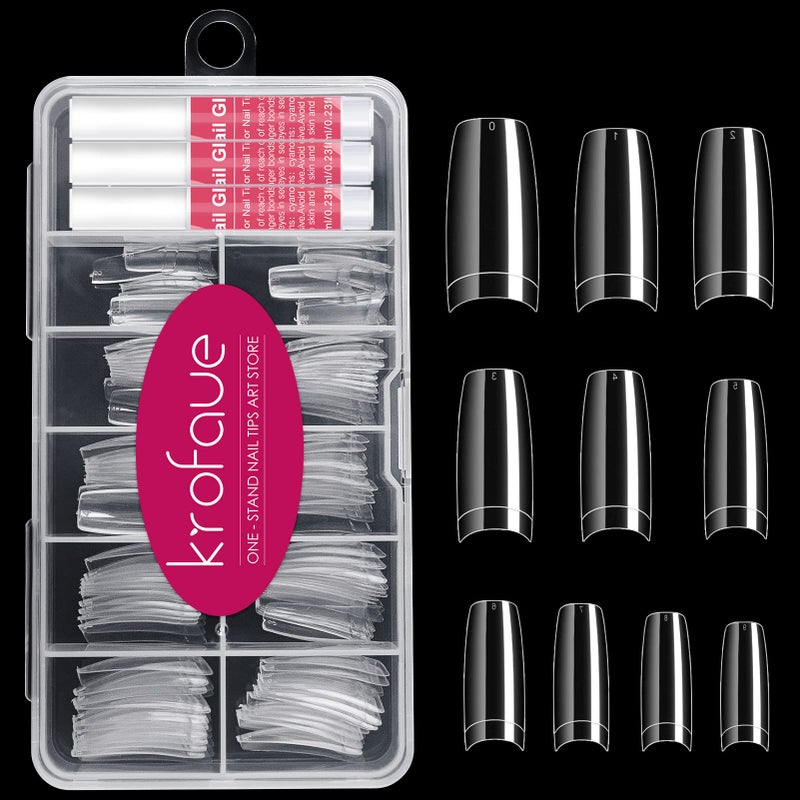 krofaue 100PCS Clear False Nails Tips and Nail Gule Kit, Half Cover Lady French Style Acrylic Artificial Tips 3Pcs Nail Glue for Nail Extension kit Nail Tips Art Salons and Home DIY - Image 1