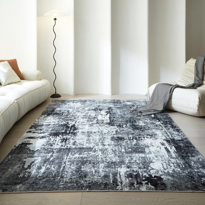 Rugcomf Area Rug 5x7 Washable Rug Boho Soft Abstract Pattern Non-Slip Faux Wool Vintage for Living Room, Bedroom, Farmhouse, Dining Room, Kids Playroom, Grey and Black - Image 2