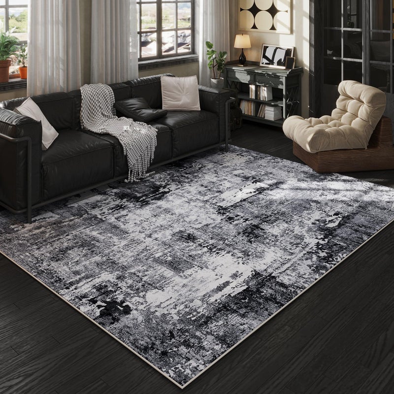 Rugcomf Area Rug 5x7 Washable Rug Boho Soft Abstract Pattern Non-Slip Faux Wool Vintage for Living Room, Bedroom, Farmhouse, Dining Room, Kids Playroom, Grey and Black - Image 1