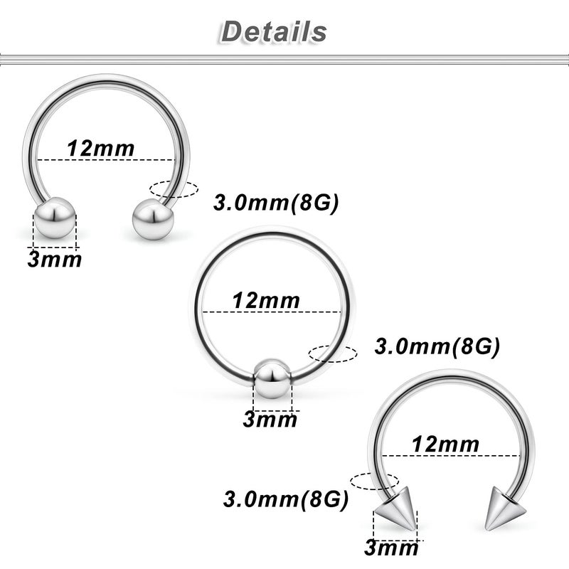 Ocptiy 8G Septum Ring Jewelry Ear Earrring Gauges Tunnel Plug stretching kit Big Large Septum Nose lip Ring Hoop Stainless Surgical Steel Cartilage Helix Tragu Earring Piercing Jewerly Women Men 12mm - Image 3