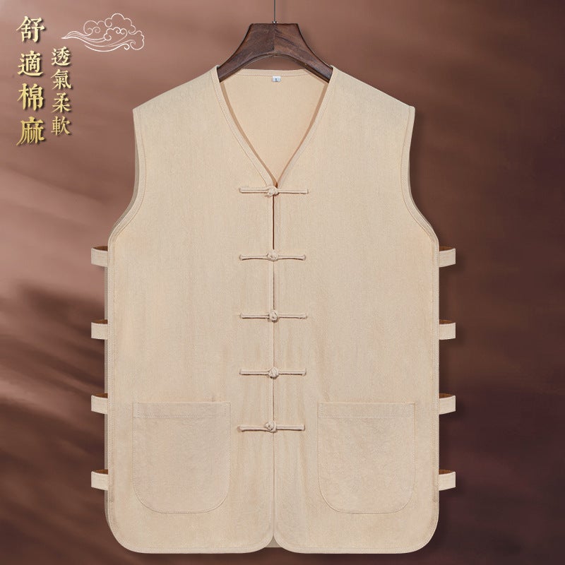 Summer Thin Cotton And Linen Tang Suit Vest Men'S Vest Chinese Style Waistcoat Linen Hanfu Old Man Sweatshirt Waistcoat T-Shirt Men'S - Image 2