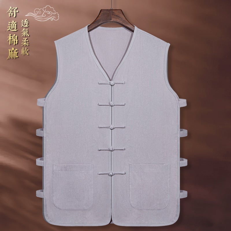 Summer Thin Cotton And Linen Tang Suit Vest Men'S Vest Chinese Style Waistcoat Linen Hanfu Old Man Sweatshirt Waistcoat T-Shirt Men'S - Image 4