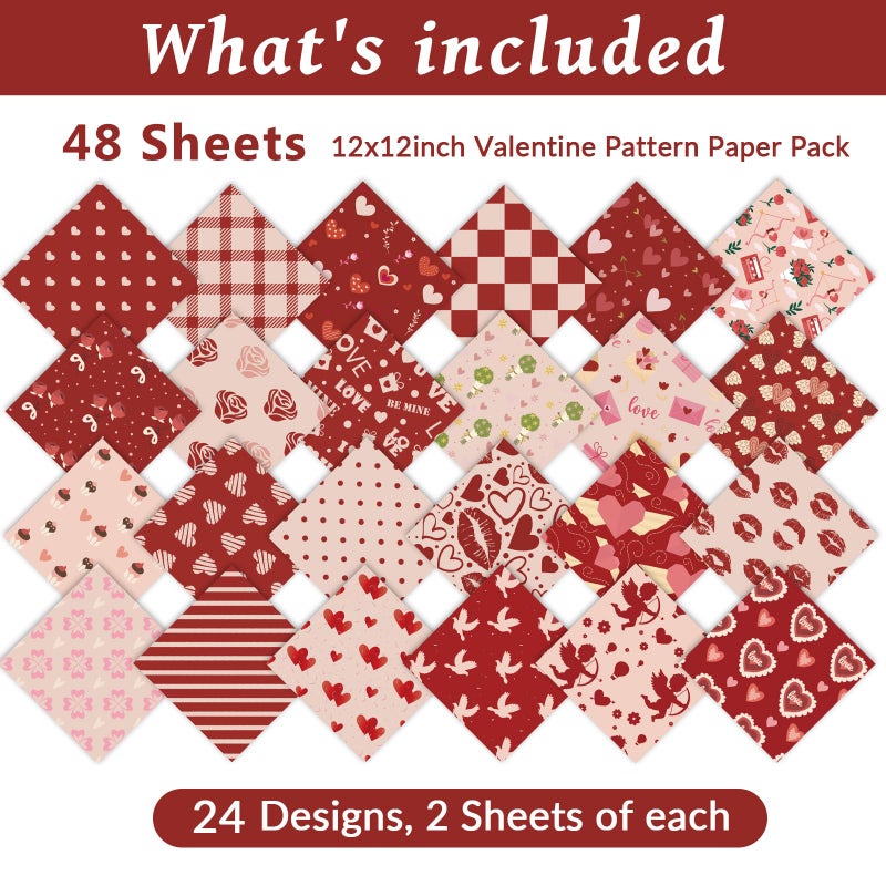 Lonfliness 48PCS Valentines Scrapbook Paper 12x12in Vintage Hearts Scrapbook Specialty Papers 24 Styles Retro Love Decorative Paper Folded Flat DIY for Card Making Photo Album Journal Craft Decoration - Image 3