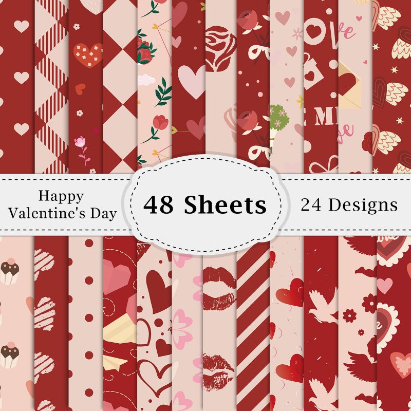 Lonfliness 48PCS Valentines Scrapbook Paper 12x12in Vintage Hearts Scrapbook Specialty Papers 24 Styles Retro Love Decorative Paper Folded Flat DIY for Card Making Photo Album Journal Craft Decoration - Image 1