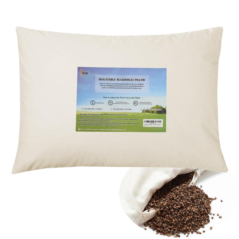 LOFE Organic Buckwheat Pillow for Sleeping  14x20 Adjustable Loft Breathable for Cool Sleep Cervical Support for Back and Side SleepersTartary Buckwheat Hulls