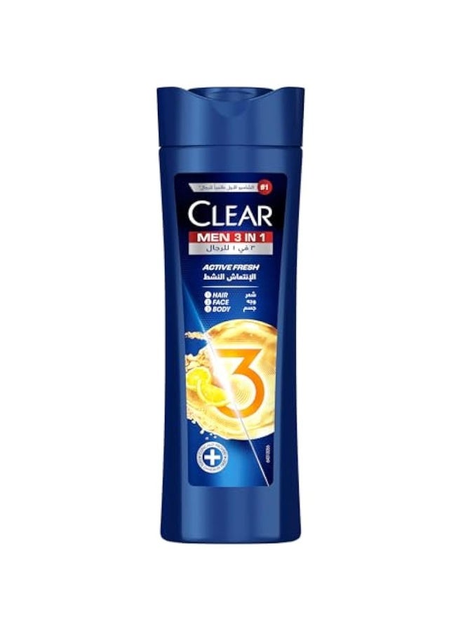 Clear Men 3in1 Shampoo, Body + Face Wash, Active Fresh Clears Dandruff; Cleanses & Moisturizes face and body, 400ml