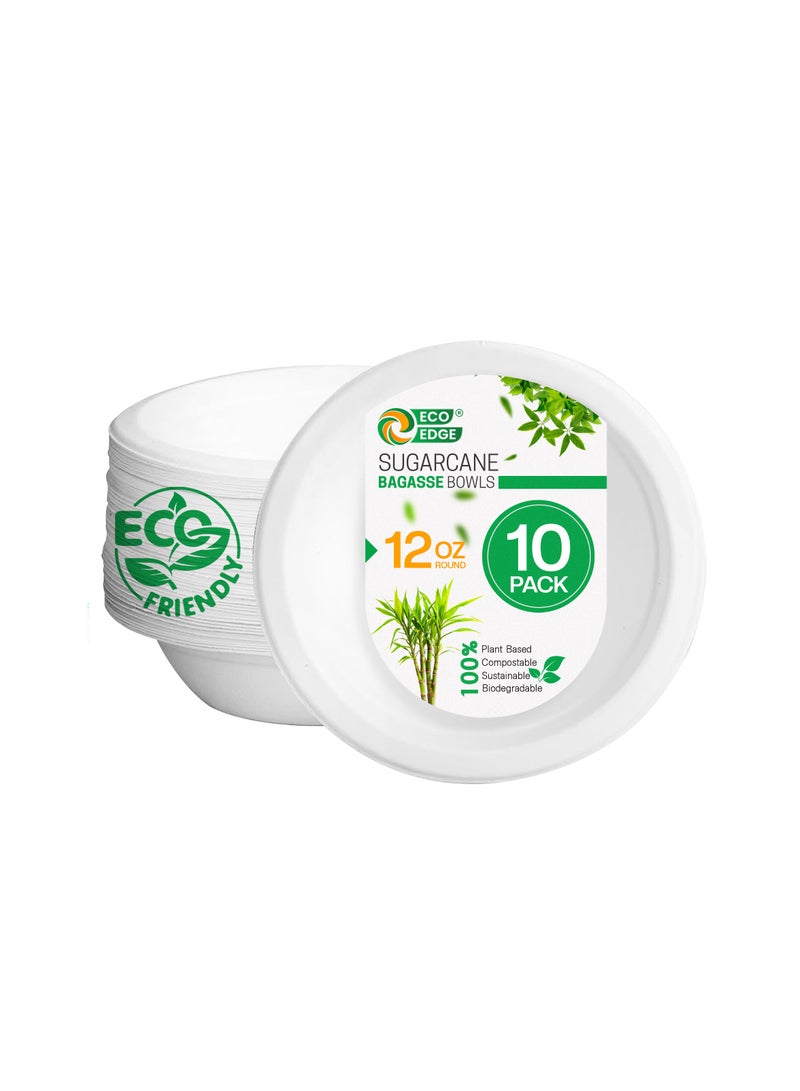 EcoEdge EcoEdge 12 Oz Round White Disposable Sugarcane Fiber Bowls (Pack of 10) | Eco-Friendly, Recyclable, Compostable | Bagasse Paper Bowls for Meals and Snack | Sturdy, Chemical Free | 100% Plant Based  - Image 1