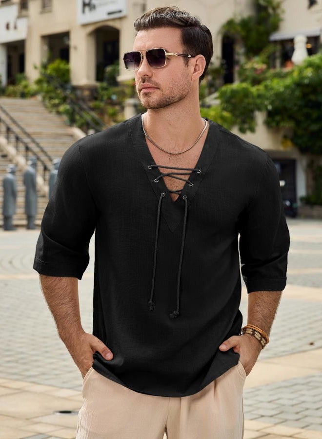 Rela Bota Men's Fashion Shirt Short Sleeve Beach V-Neck Drawstring Solid Color Yoga African Summer Top Solid Army Green L, Solid Army Green, L - Image 3
