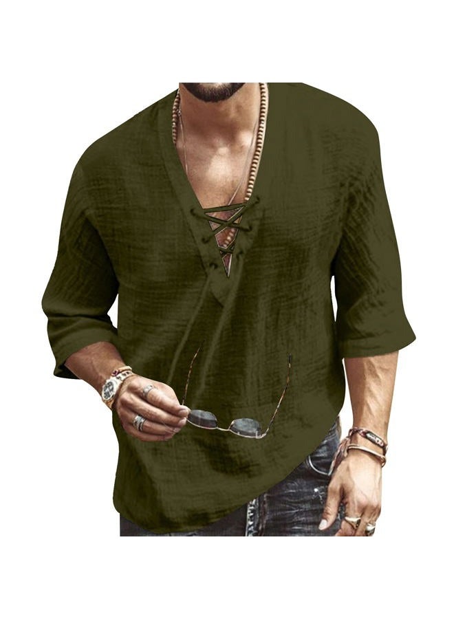 Rela Bota Men's Fashion Shirt Short Sleeve Beach V-Neck Drawstring Solid Color Yoga African Summer Top Solid Army Green L, Solid Army Green, L - Image 1