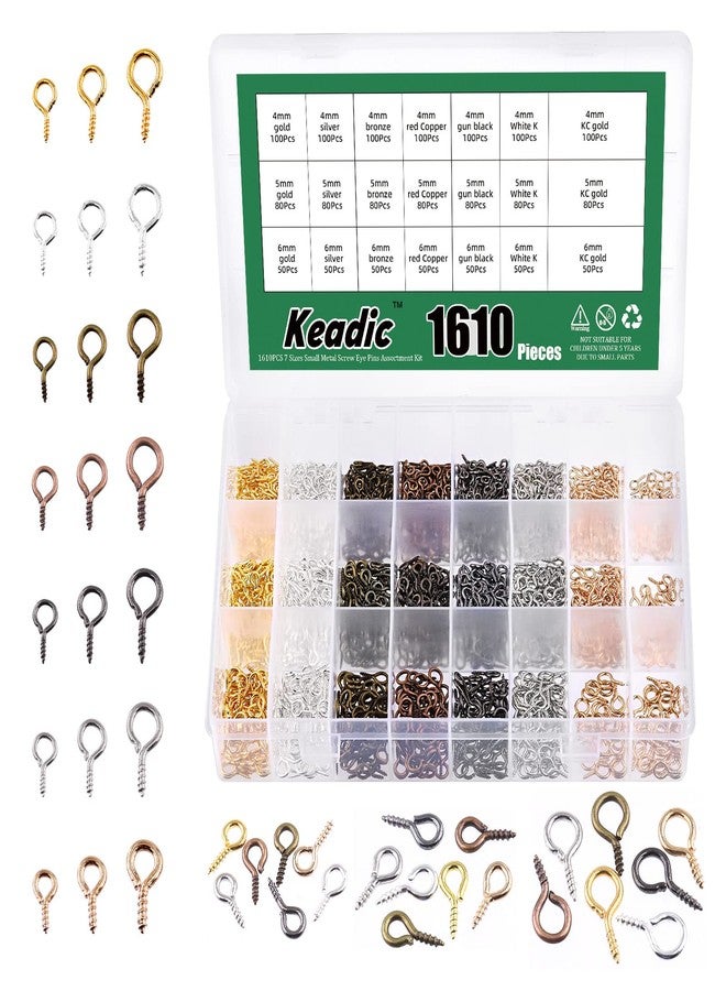 Keadic 1610Pcs 7 Color Small Screw Eye Pins Size Assorted Set, Metal Mini Eyelet Screw Threaded Clasps Hooks for DIY Charm Pendants Jewelry Making (0.16” x 0.32”, 0.2” x 0.39”, 0.24” x 0.5”) - Image 1