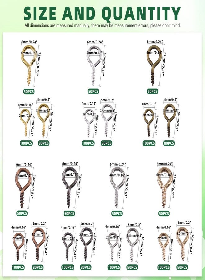 Keadic 1610Pcs 7 Color Small Screw Eye Pins Size Assorted Set, Metal Mini Eyelet Screw Threaded Clasps Hooks for DIY Charm Pendants Jewelry Making (0.16” x 0.32”, 0.2” x 0.39”, 0.24” x 0.5”) - Image 2