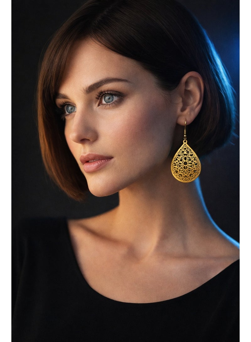Julia Store 18K Gold Plated Stainless Steel Aesthetic Exquisite Luxury Vintage Trendy Traditional Egyptian Oriental Bedouin Hallow Teardrop Drop Dangle Earrings Women Jewelry Gift - Image 3