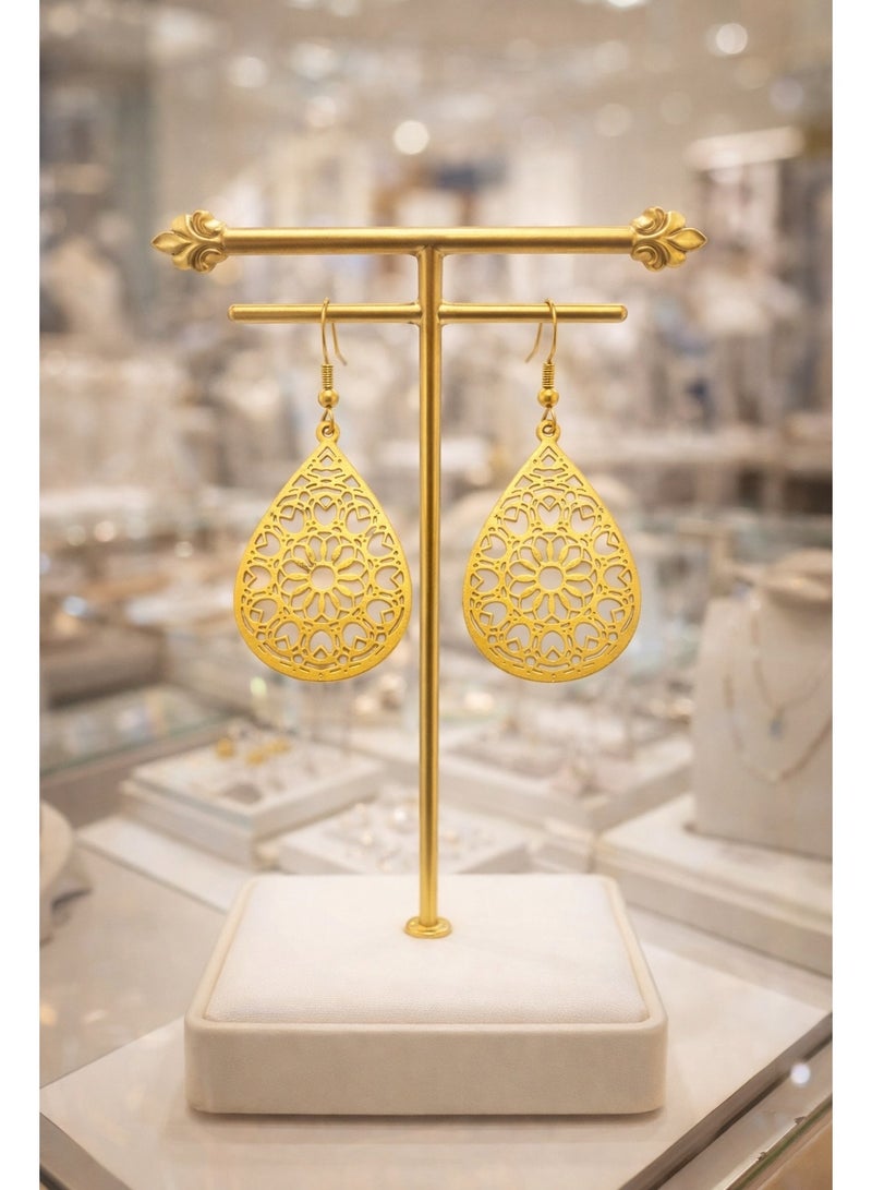 Julia Store 18K Gold Plated Stainless Steel Aesthetic Exquisite Luxury Vintage Trendy Traditional Egyptian Oriental Bedouin Hallow Teardrop Drop Dangle Earrings Women Jewelry Gift - Image 2