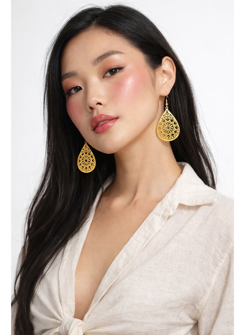 Julia Store 18K Gold Plated Stainless Steel Aesthetic Exquisite Luxury Vintage Trendy Traditional Egyptian Oriental Bedouin Hallow Teardrop Drop Dangle Earrings Women Jewelry Gift - Image 5