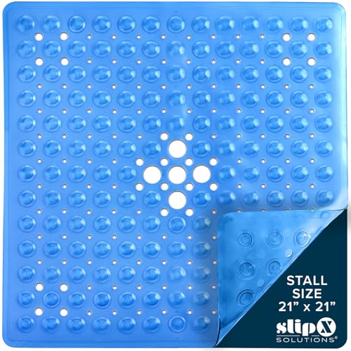 SlipX Solutions Essential Square Shower Mat, 21"x21", Grippy Textured Surface, 25% Stronger Suction Cups, Non-Slip Shower Floor Mat for Bathers of All Ages, Fits Standard Shower Stalls & Tubs, Blue - Image 1