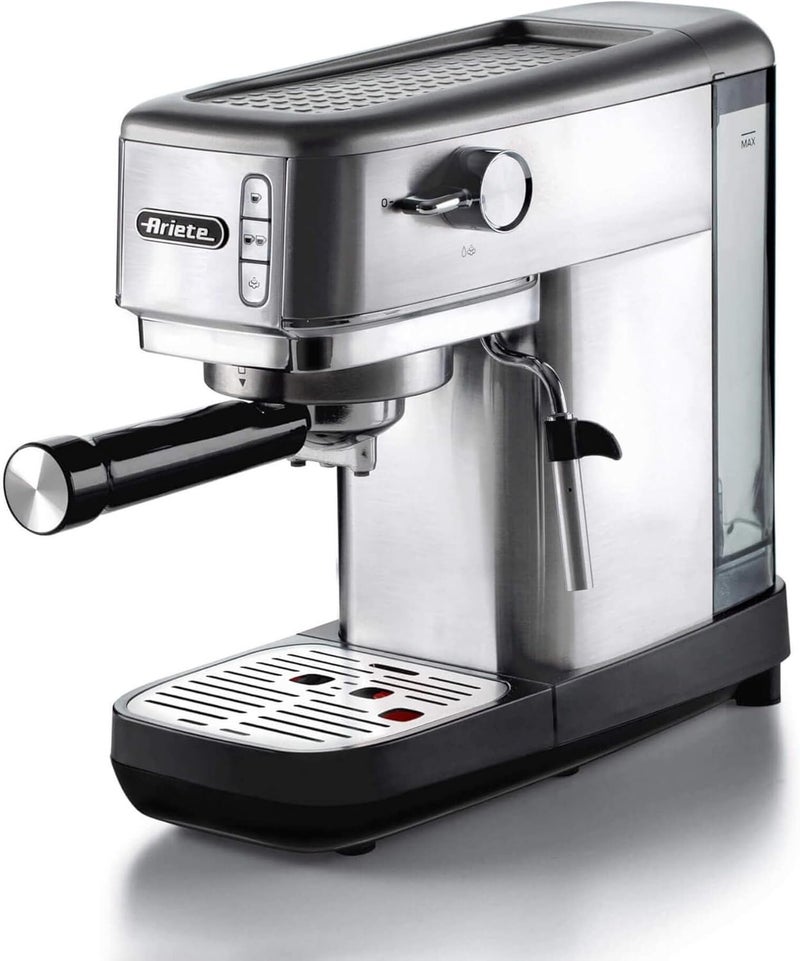 Ariete 1380 Espresso Coffee Machine M138010ARAS, 1300W, 1.1L Capacity, Cup Warmer, Milk Frother, Ground Coffee & ESE Pod Compatible, Semi-Automatic Compact Metal Design, Silver - Image 1