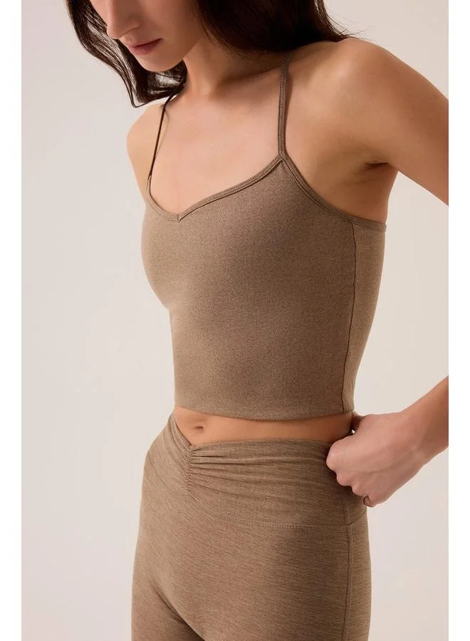 Los Ojos x Ece Mocha Mélange Heart Neck Sports Bra Sweetheart Neck Top.