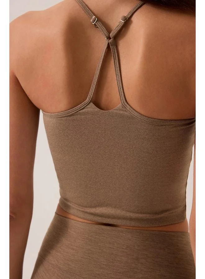 Los Ojos x Ece Mocha Mélange Heart Neck Sports Bra Sweetheart Neck Top.