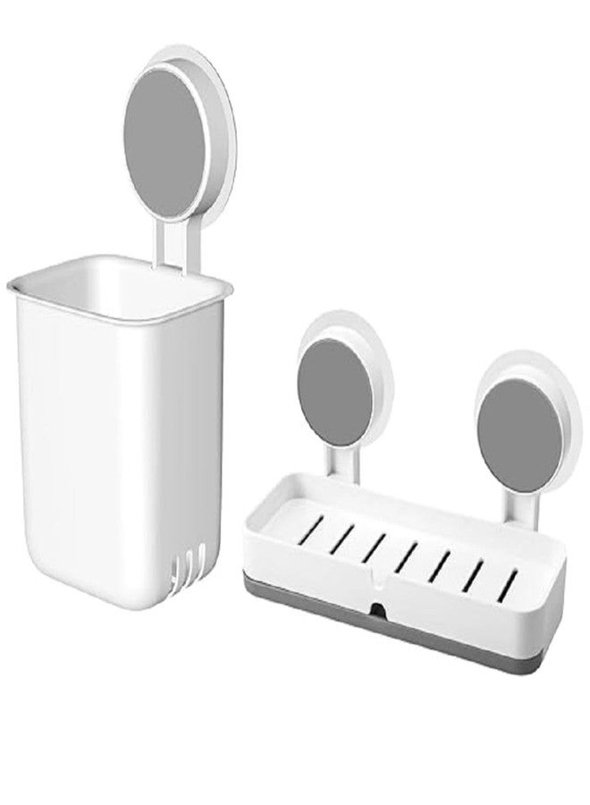 ANTORI Plastic Wall Mounted Self Adhesive Toothbrush Holder with Soap Holder | Brush Holder | Soap Box for Bathroom | Plastic Toothbrush Holder, White - Image 1