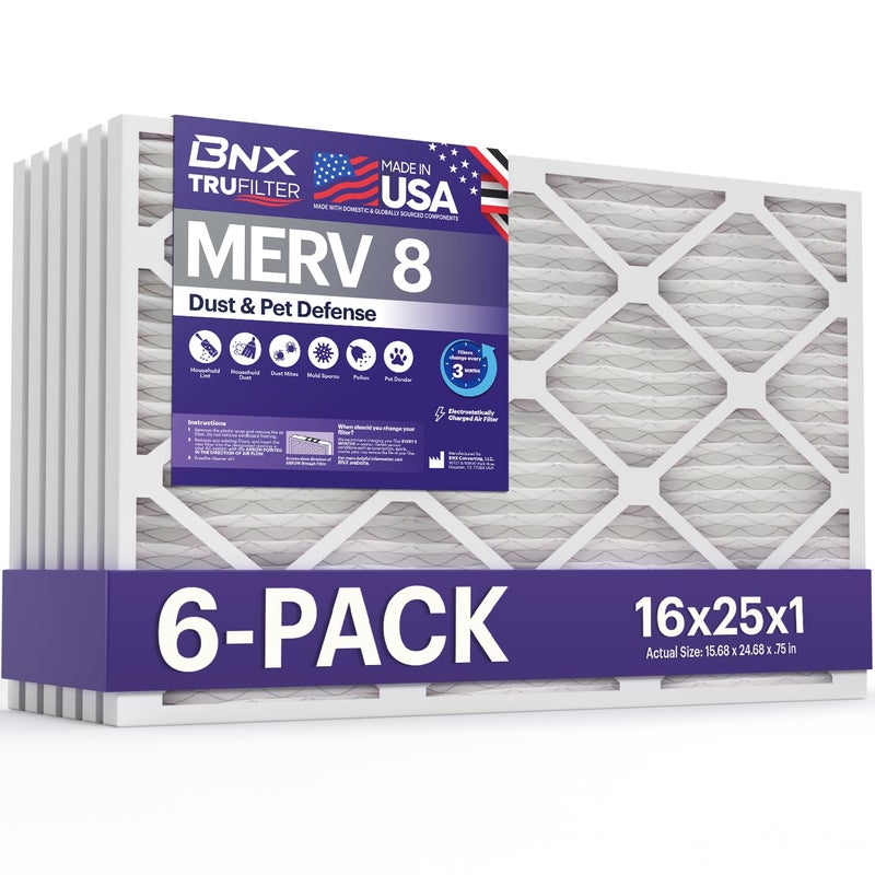 BNX TruFilter 16x25x1 Air Filter MERV 8 (6-Pack) - MADE IN USA â€“ Dust & Pet Defense Electrostatic Pleated Air Conditioner HVAC AC Furnace Filters for Dust, Pet, Mold, Pollen MPR 600 â€“ 700 & FPR 5 - Image 1