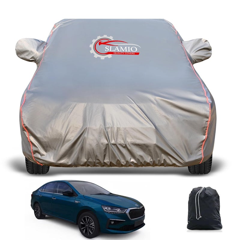 Slamio Heavy-Duty Car Body Cover for Skoda Slavia (2022-2025) | Waterproof, Dustproof, UV Protection, Custom Fit, Heavy Belt & Buckle with Mirror & Antenna Pocket | Dark Grey - Image 1