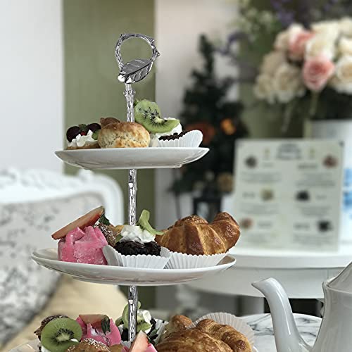 Happy Will 3 Tier 14" Heavy Metal Cake Stand Holder Fruit Plate Stand Fitting Hardware Rod with Stylus (Sliver_Leaves) - Image 3