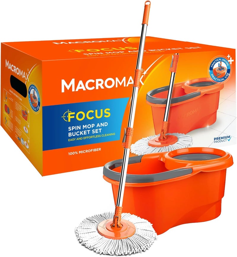 Macromax Focus Spin Mop and Bucket Set – 360° Rotating Wring System, Super Absorbent Microfiber Mop - Image 1