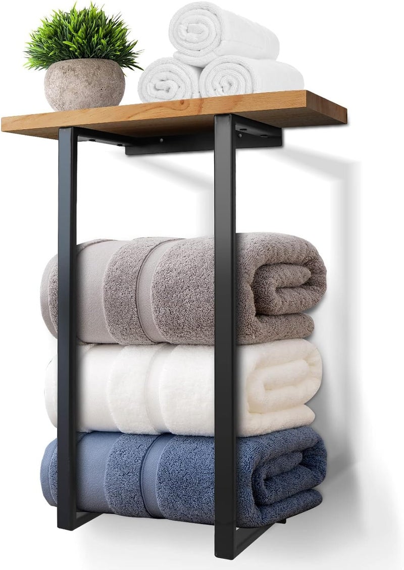 INDIDECOR INDIDECOR 61826 Towel Racks for Bathroom Wall Mounted, Metal Towel Holders with Black Wooden Shelf, Rolled Bath Towel and Hand Towels Holder Storage and Organization for Bathroom - Brown Wooden top  - Image 1