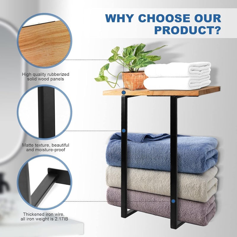 INDIDECOR INDIDECOR 61826 Towel Racks for Bathroom Wall Mounted, Metal Towel Holders with Black Wooden Shelf, Rolled Bath Towel and Hand Towels Holder Storage and Organization for Bathroom - Brown Wooden top  - Image 2