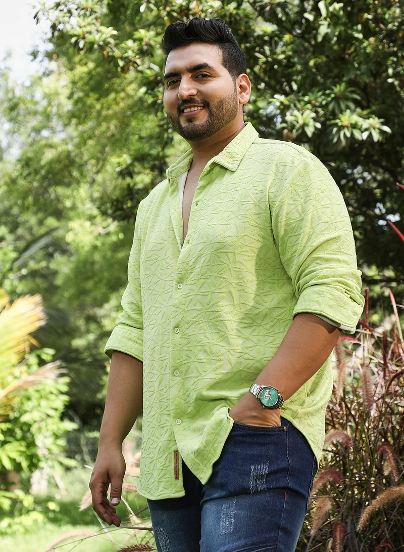 Instafab Plus Instafab Plus Men's Lime Green Splatter-Flora Tactile Shirt For Casual Wear | Spread Collar | Long Cuffed Sleeves | Button Closure | Plus Size Shirt Crafted With Comfort Fit For Everyday Wear