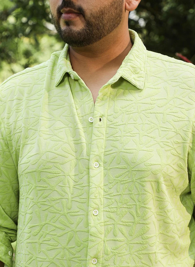Instafab Plus Instafab Plus Men's Lime Green Splatter-Flora Tactile Shirt For Casual Wear | Spread Collar | Long Cuffed Sleeves | Button Closure | Plus Size Shirt Crafted With Comfort Fit For Everyday Wear
