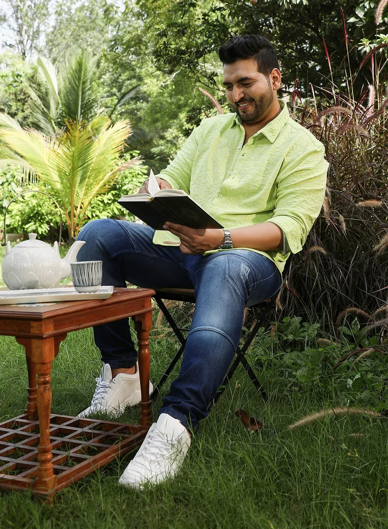 Instafab Plus Instafab Plus Men's Lime Green Splatter-Flora Tactile Shirt For Casual Wear | Spread Collar | Long Cuffed Sleeves | Button Closure | Plus Size Shirt Crafted With Comfort Fit For Everyday Wear