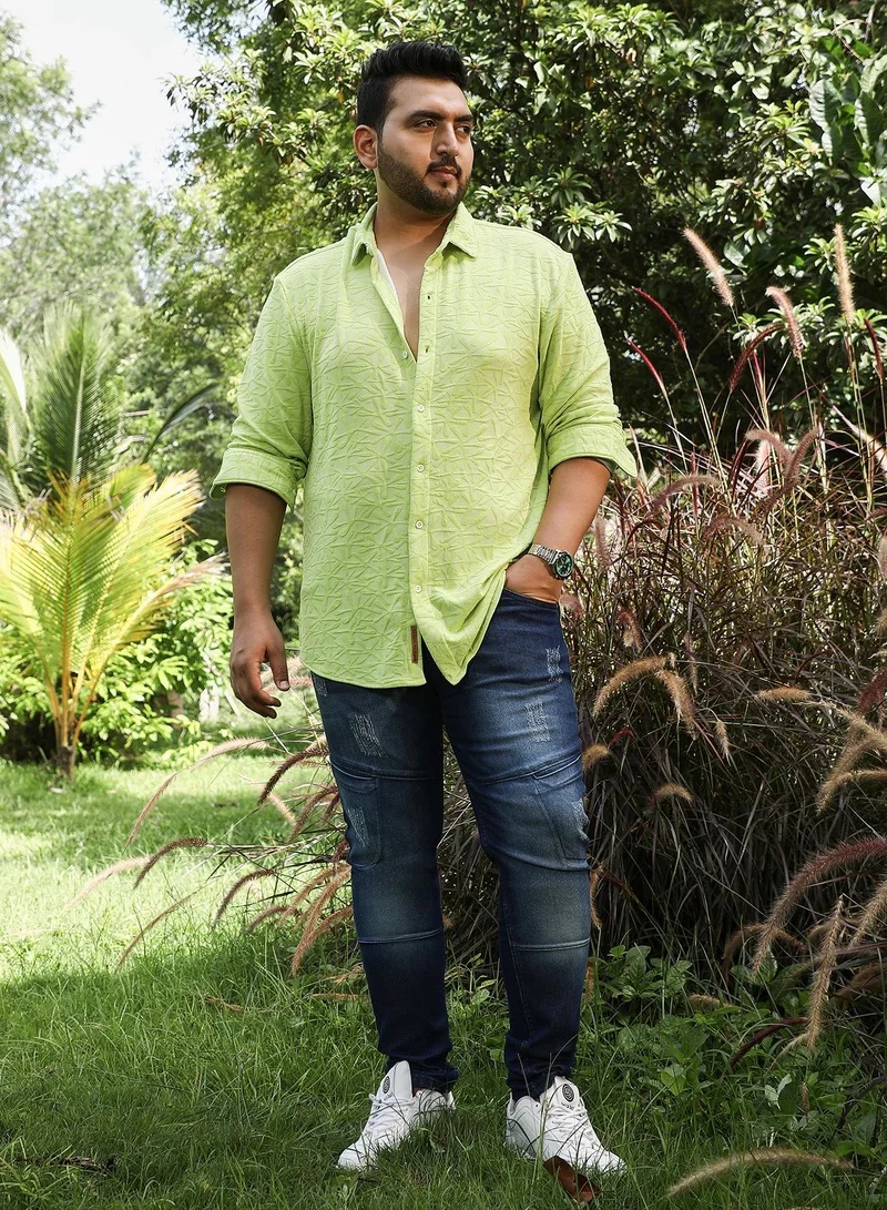 Instafab Plus Instafab Plus Men's Lime Green Splatter-Flora Tactile Shirt For Casual Wear | Spread Collar | Long Cuffed Sleeves | Button Closure | Plus Size Shirt Crafted With Comfort Fit For Everyday Wear