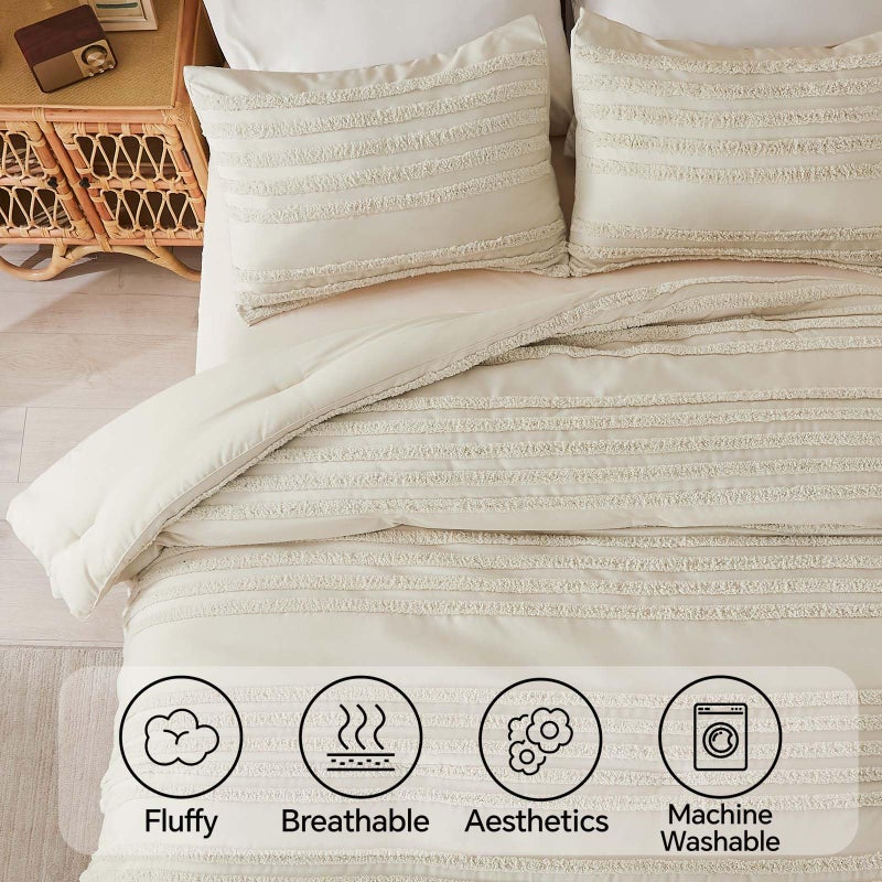BEDELITE Boho King Size Comforter Set - Beige Tufted Striped Bed Set 3 Pieces, Soft Vintage Farmhouse Comforter for All Seasons, Boho Home Decor,Fluffy Jacquard Bedding with Pillow Sham - Image 4
