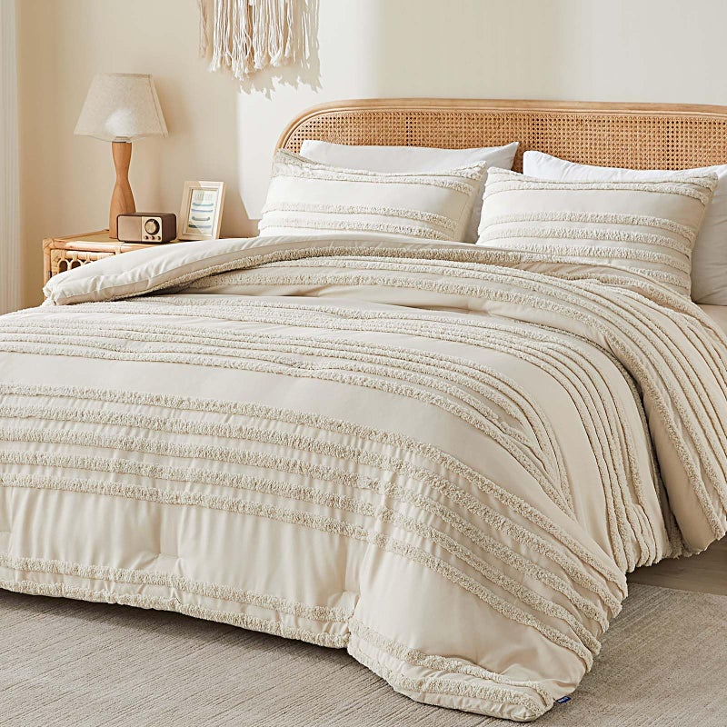 BEDELITE Boho King Size Comforter Set - Beige Tufted Striped Bed Set 3 Pieces, Soft Vintage Farmhouse Comforter for All Seasons, Boho Home Decor,Fluffy Jacquard Bedding with Pillow Sham - Image 1