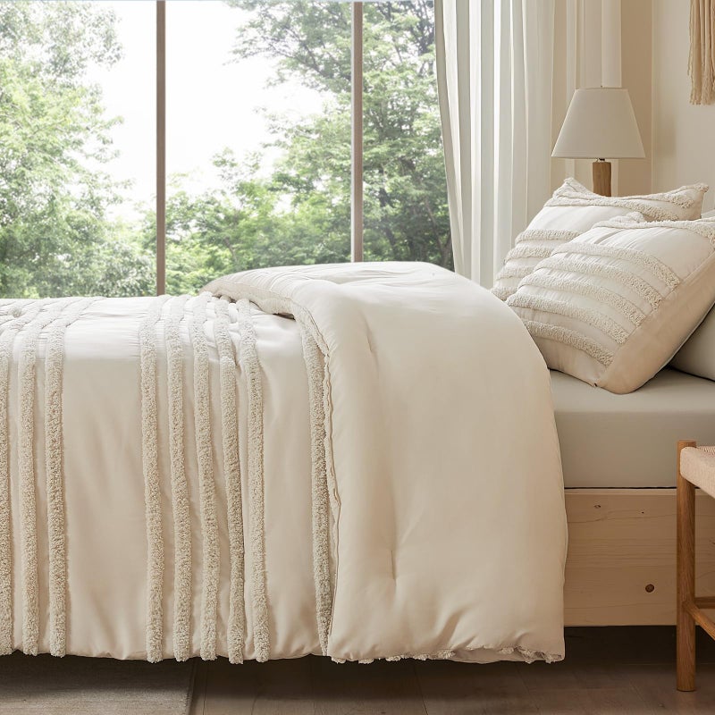 BEDELITE Boho King Size Comforter Set - Beige Tufted Striped Bed Set 3 Pieces, Soft Vintage Farmhouse Comforter for All Seasons, Boho Home Decor,Fluffy Jacquard Bedding with Pillow Sham - Image 5