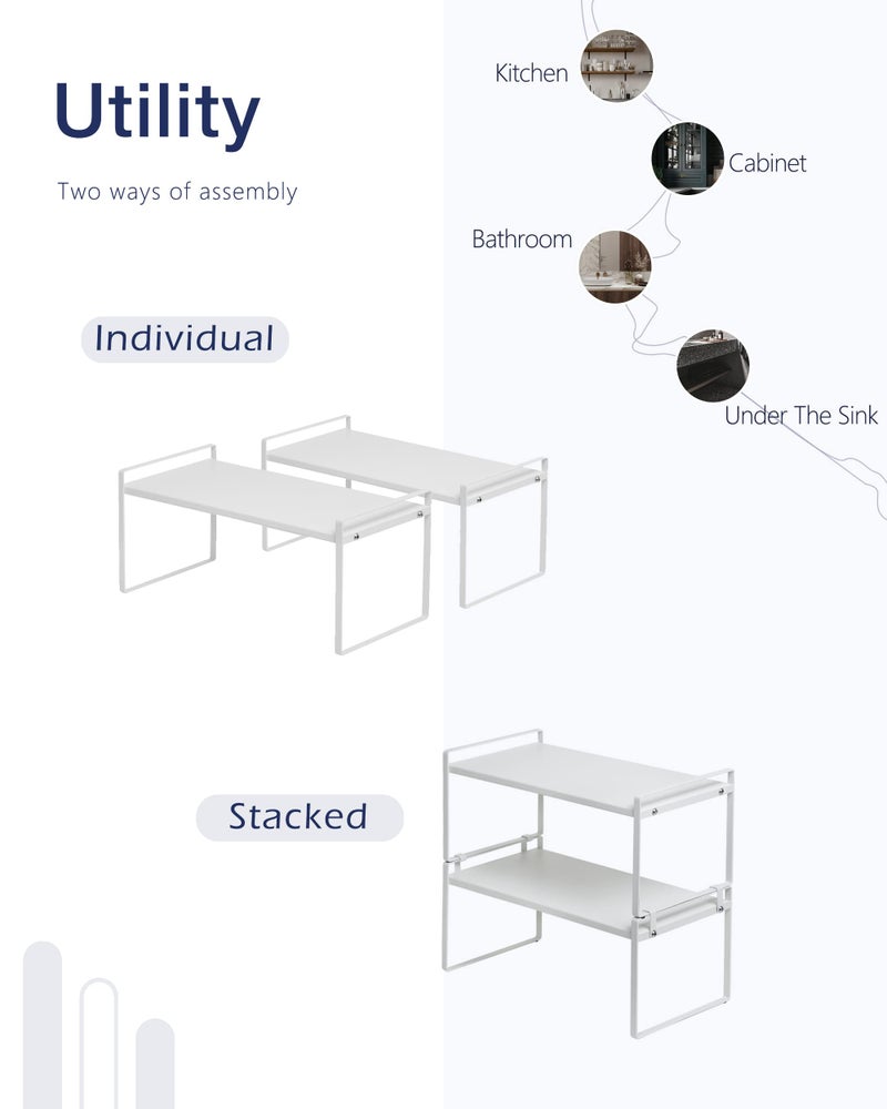 Nxconsu 2Pack Cabinet Shelves Stackable Shelf Organizer Rack Riser for Kitchen Cabinet Pantry Cupboard Counter Countertop Home Organization Storage Space Saver Heavy Duty Metal Nonslip White - Image 4