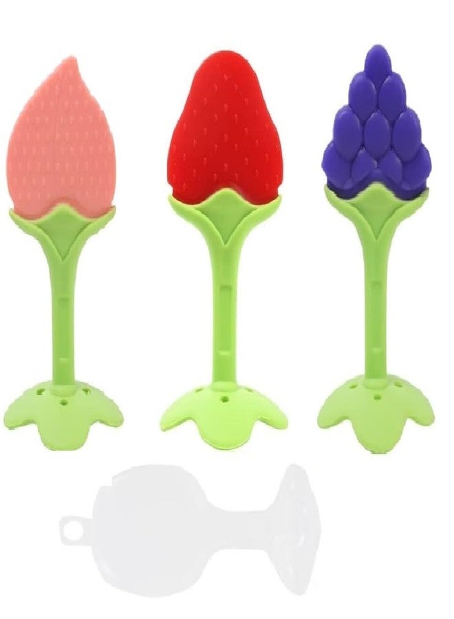 Chopchi Baby Teething Toys for Babie 6 to 12 Months, BPA Free Soft and Textured Fruit Shaped Silicone Teether Relief Soothing Sore Gums Chew Infant Toys (Pack of-3, Red, Blue & Pink) - Image 1