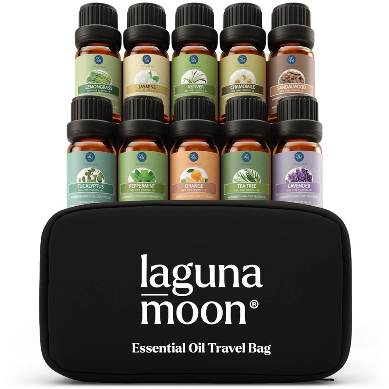 Lagunamoon Lagunamoon Essential Oils Set 10 Piece Aromatherapy Oil in Portable Bag DiffusersHumidifiersYogaDIY Cleaning ProductsCandle Making PeppermintTea TreeLavenderEucalyptusLemongrass 10mL 