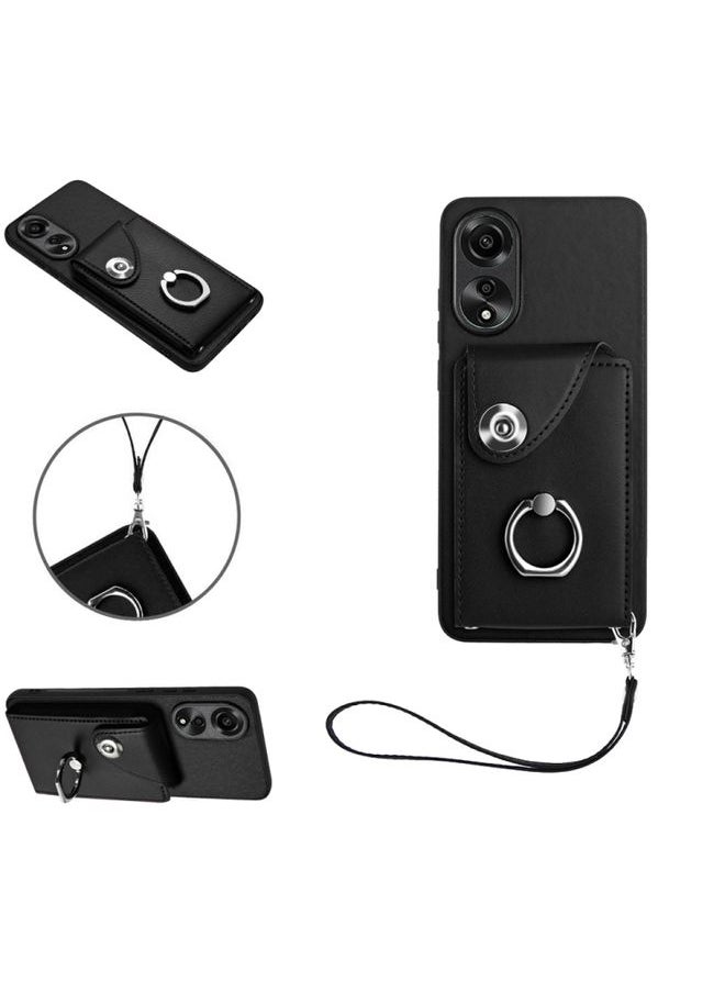 HuHa Case Cover For OPPO A78 4G Global Organ Card Bag Ring Holder PU Phone Case with Lanyard Black 