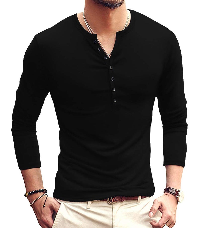 YTD Mens Casual Slim Fit Basic Henley Long Sleeve Fashion T-Shirt S Black - Image 1