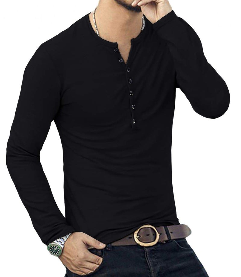 YTD Mens Casual Slim Fit Basic Henley Long Sleeve Fashion T-Shirt S Black - Image 5